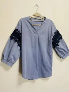 レース装飾付きデニム風シャツ七分袖