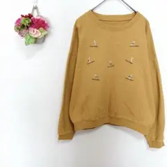 a4641 ノーブランド　ウサギ刺繍　マスタード色　トレーナー　長袖　古着