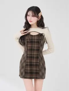 Darich ニットボレロダブルチェックミニワンピース ブラウン FREE