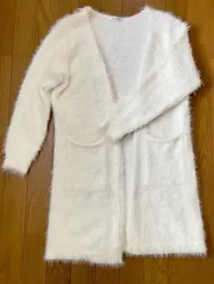 ホワイト ロングカーディガン Mサイズ ニット シャギー ふわふわ ルームウェア