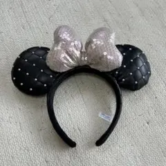 ディズニー　ミニーちゃん　カチューシャ 黒 レザー　パール　スパンコール