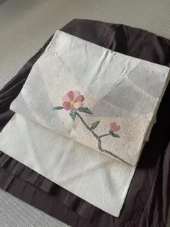 名古屋帯 花柄刺繍 生成色