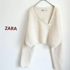 ZARA　ザラ　アシメカラー　ケーブルニット　クロップド丈　綿混　アイボリー　S