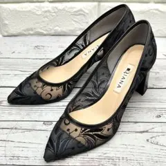 美品 DIANA レースパンプス チャンキーヒール 紺 ポインテッドトゥ 安定のサムネイル