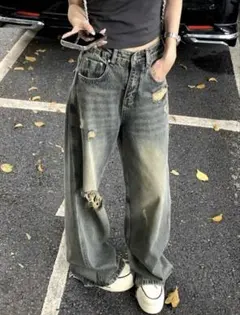Shein ダメージ加工 ワイドデニムパンツ ジーンズのサムネイル