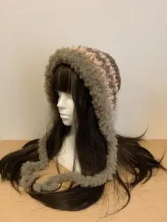 バラクラバ ボンネット ハンドメイド編み物帽子 ブラウンy2kフード帽　ファー