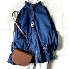 美品 ジャーナルスタンダードレリューム デニムフリルブラウス ブルーFREE