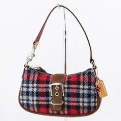 A384【COACH】ソーホー　ハンドバッグ　アクセサリーポーチ　チェック柄　赤