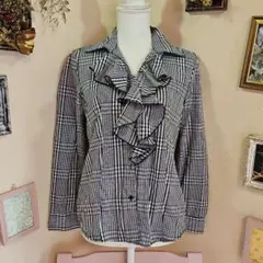 ビンテージフリル付き黒白ギンガムチェックシャツ