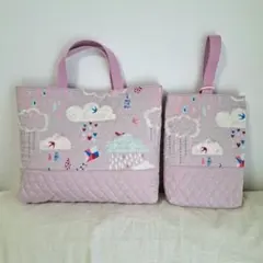 【即日発送】雲と鳥柄のレッスンバッグとシューズバッグセット