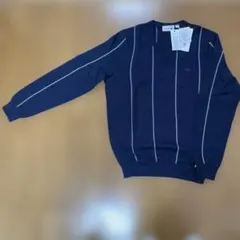 【未使用タグ付き】ラコステ Vネック薄手セーター ネイビー白ストライプ Mサイズ