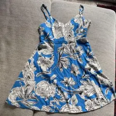 ZARA リネン　ブルー　花柄　ミニ　ワンピース