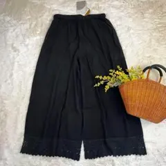 新品 ペチパンツ 裾レース コットン リネン レーヨン ブラック M〜L