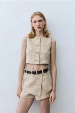 ZARAテクスチャー クロップドベスト＆ベルト付きスカートパンツ セットアップ