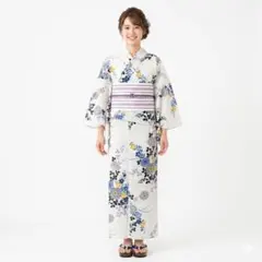 浴衣 女性用 単品 仕立て上がり 綿麻 淡いベージュ 桔梗 菊 フリーサイズ