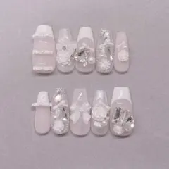 ネイルチップ フレンチガーリー 薔薇ネイル バレエコア ワンホン スナ系 リボン