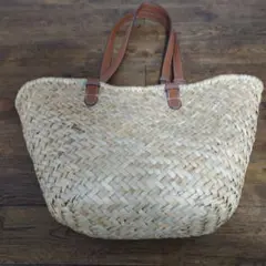 ストローとレザーのハンドルのかごバッグ　ZARA