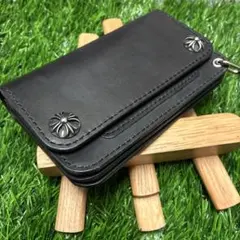 黒　ブラックミドルトラッカーウォレット　三層　シルバーコンチョ　ハンドメイド