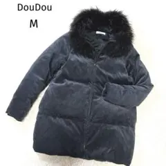 DouDou ドゥドゥ ダウンコート M ラクーン　ネイビー　紺 ベロア調