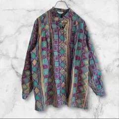 80s長袖ポリシャツブラウス昭和レトロ総柄幾何学模様ノーカラーヴィンテージ古着