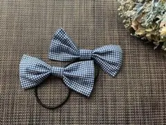 リボン ヘアゴム　お揃い　おしゃれ　ヘアアクセ　チェック柄　ブルー　青　発表会