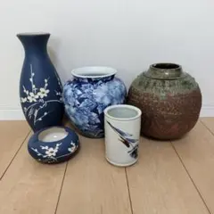 青色花柄陶器花瓶4点セットおまけ付き