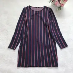 オズモーシス 長袖ワンピース ストライプ柄 シンプル カジュアル ベーシック 紺