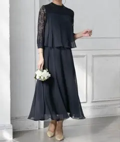 大きいサイズ　タグ付き新品　レース切替ドッキングスタンドカラーワンピースドレス