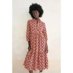 ZARA プリントミディワンピース　ボルドー×クリーム色　エスニック　コットン綿