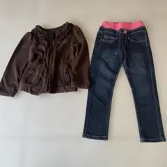 100cm 女の子 スキニー デニムパンツ ジーンズ パーカー 茶色