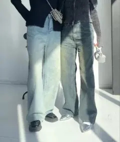 ビーズ装飾ハイウエストデニムパンツ