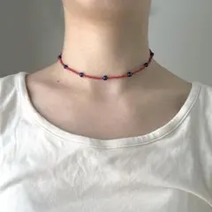 赤と青　ビーズ　ネックレス　チョーカー　インドビーズ