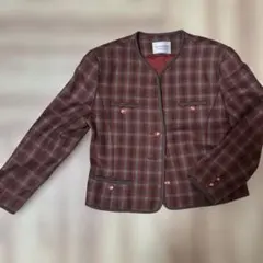 ノーカラー茶色チェックジャケット