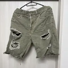 H&M ダメージ加工 デニムショートパンツ カーキ 34
