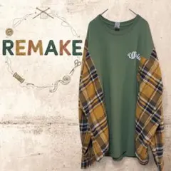 L ゆったりゆるだぼ ドッキングTシャツ×チェック柄ネルシャツ 古着リメイク