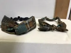 秋冬　チェック柄 クロスヘアバンド　うさみみリボンヘアバンド