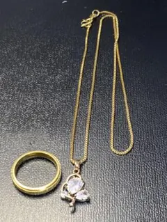 18KGP ハート型クリスタル ネックレス　ゴールドネックレス　指輪　刻印付き