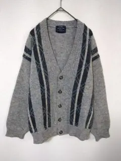 RAMON　ウールカーディガン　メンズL　グレー色　ライン　アーガイル　ウール