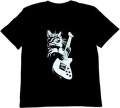 （ギターを弾く猫）クリエイティブTシャツ L ブラック 男女兼用