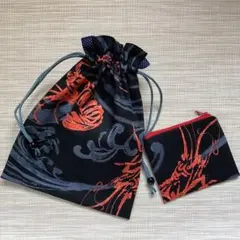 巾着　ミニポーチ　セット　伊勢海老　和柄　黒