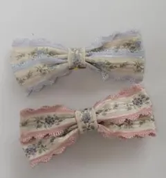 新品未使用　ハンドメイドフラワー柄ストライプバレッタ2個セット