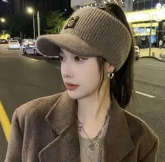 レディース ニット サンバイザー 帽子 防寒 ゴルフウェア テニス ブラウン