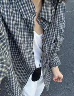青チェックシャツ　レディース　L