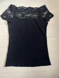 Latina レース切り替え 半袖リブTシャツ ブラック Fのサムネイル