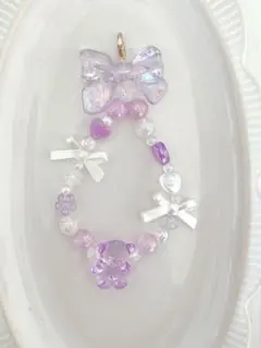パープルリボンベア〰︎︎ビーズストラップ 約10cm B747