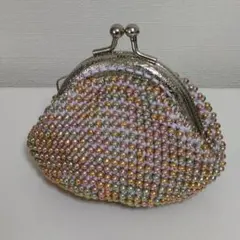 メタリック　ビーズ　がま口　ハンドメイド　ポーチ　かぎ針編み
