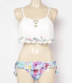 刺繍 フラワープリント ビキニ ターコイズ 三愛水着
