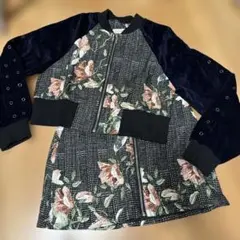 セットアップ　ベロア異素材ミックス　花柄刺繍風　ツイード風　ジャケット　スカート