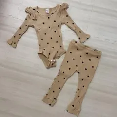 SHEIN 肩フリルリブロンパース パンツ セット ベージュ ハート 80