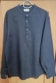 【新品タグ付】ZARA リネン混 バンドカラーシャツ ネイビー XLサイズのサムネイル